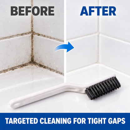 A split image shows a dirty tiled corner before cleaning and a sparkling clean corner after, with a white brush in the