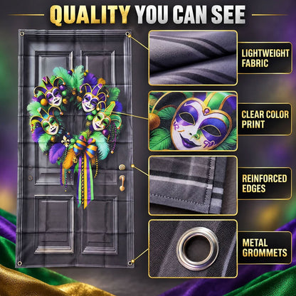 Mardi Gras Door Backdrop Curtain with Printed Wreath for Party Decor (210x110 Cm)