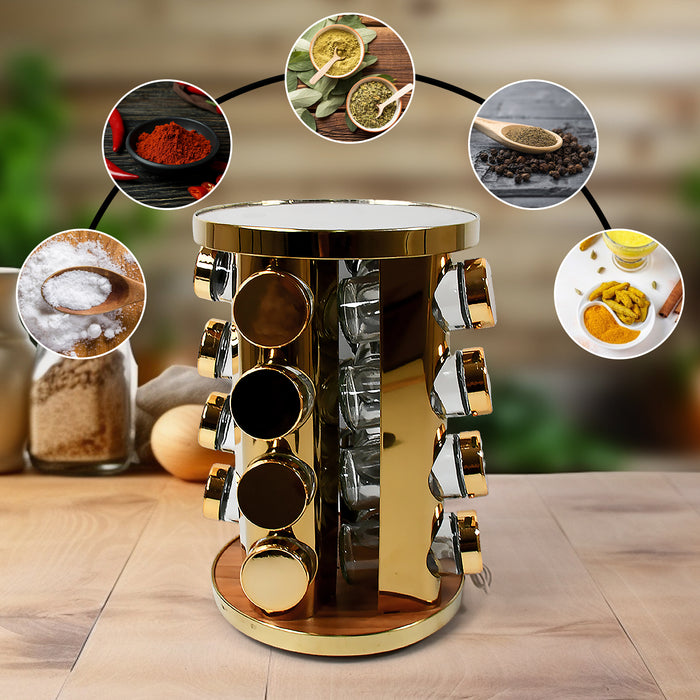 LED Spice Rack Organizer, Rotating Spice Rack with Free 16 Seasoning Jars, Revolving Tower Organizer Stainless Steel for Kitchen Storage (Golden / 16 Pc / MOQ - 6 pc)