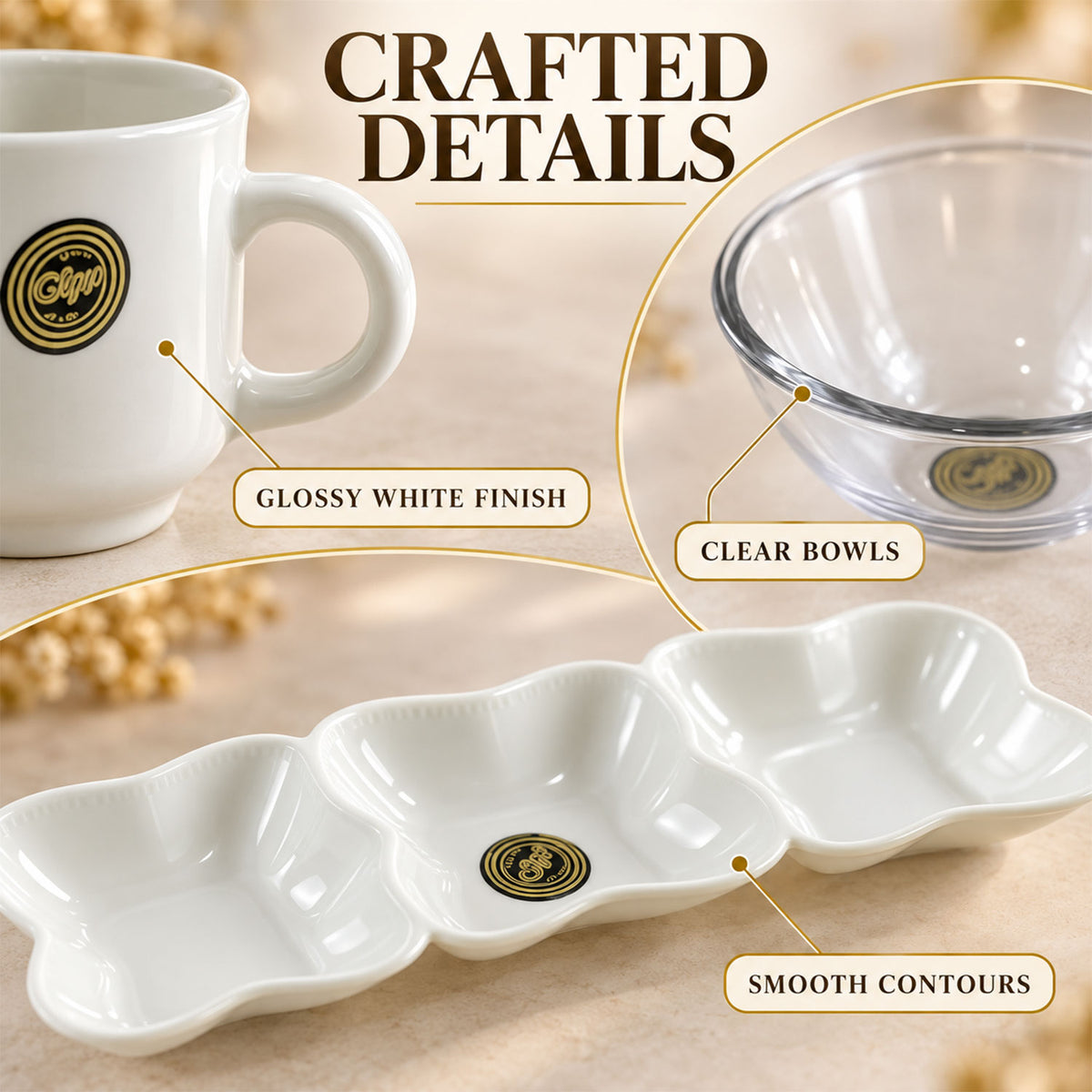 A close-up view highlights the glossy white finish of a ceramic mug, the clear glass of a bowl, and the smooth contours of