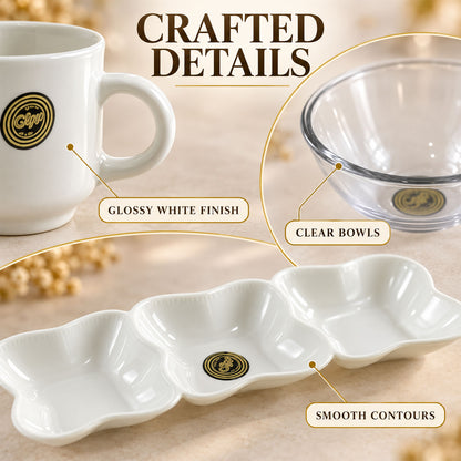 A close-up view highlights the glossy white finish of a ceramic mug, the clear glass of a bowl, and the smooth contours of
