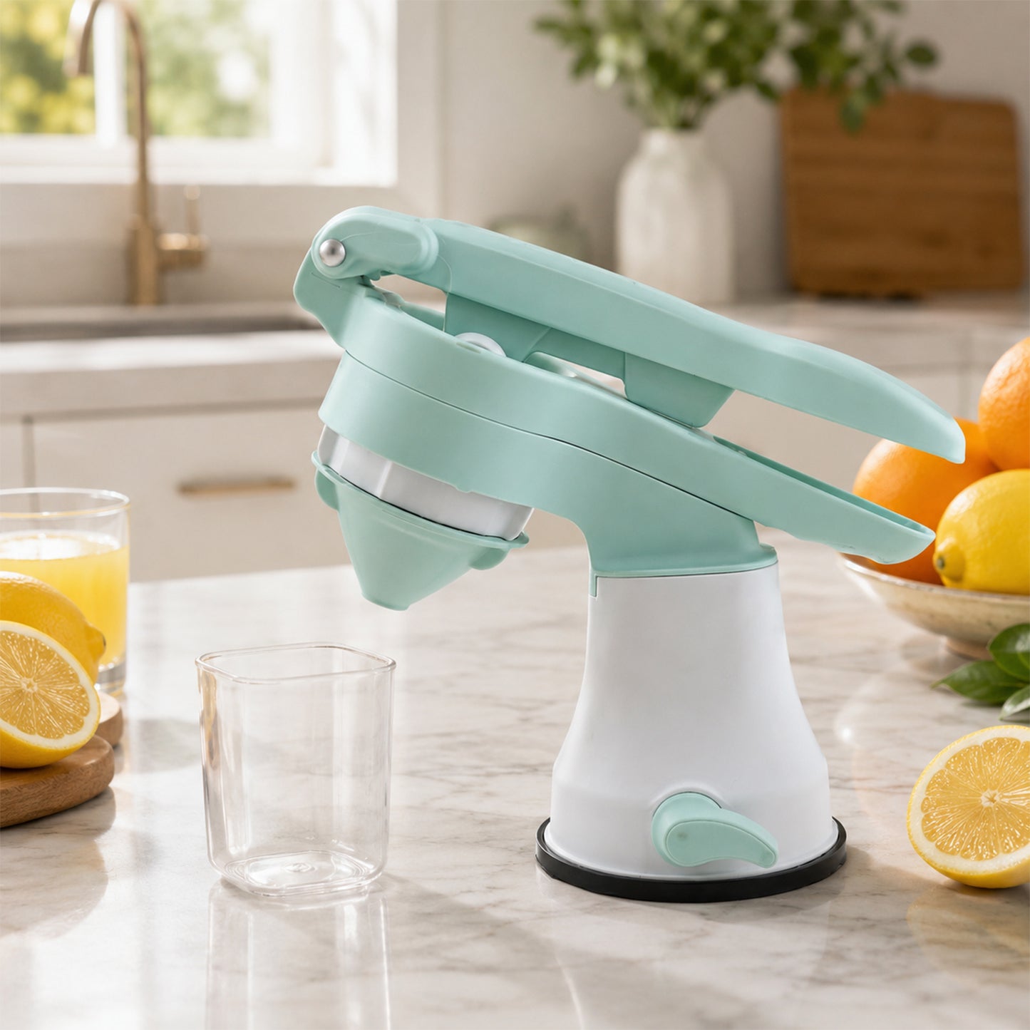 Juicer handle and press mechanism