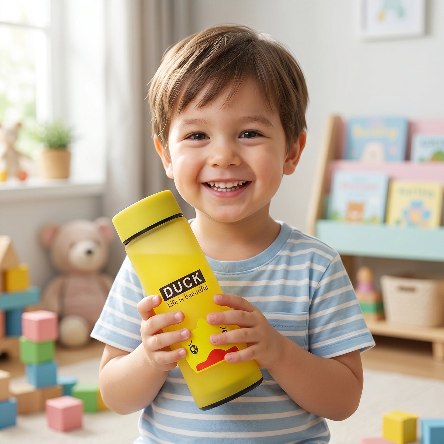 Cute Cartoon Design Frosted Glass Water Bottle with Leak Proof Lid (450 ML)