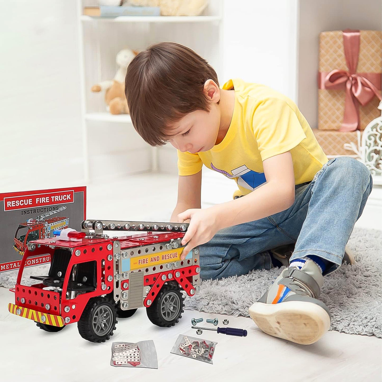 Metal DIY Fire Truck Building Blocks for Kids (Fire Truck / 292pcs of truck tool / 1 Set)