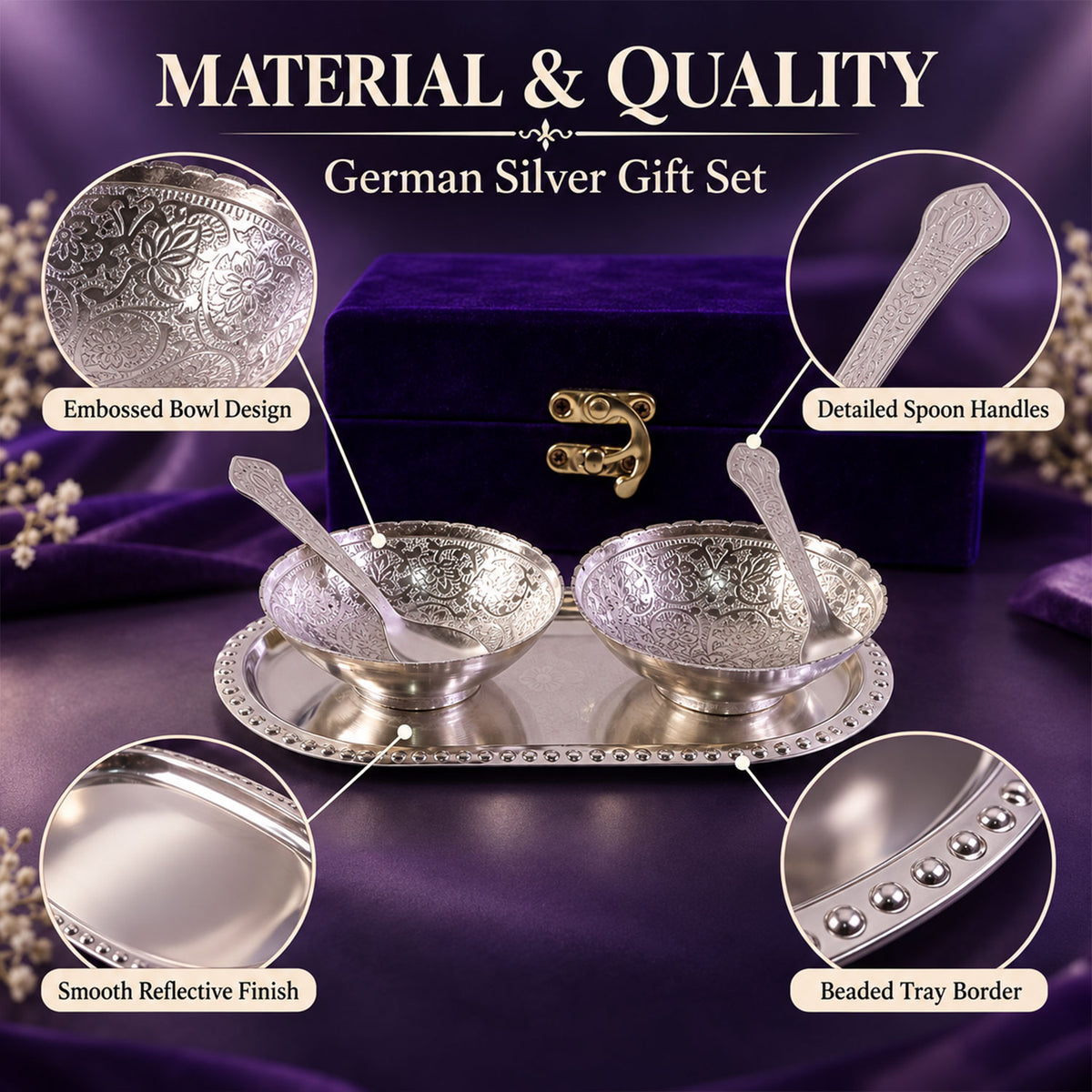 Silver-Plated Brass Bowl Set with Elegant Serving Tray & Velvet Gift B