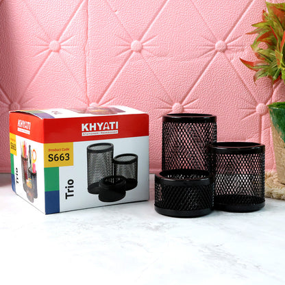 Khyati Trio Metal Mesh Pen Stand – 3-in-1 Round Desk Organizer Set