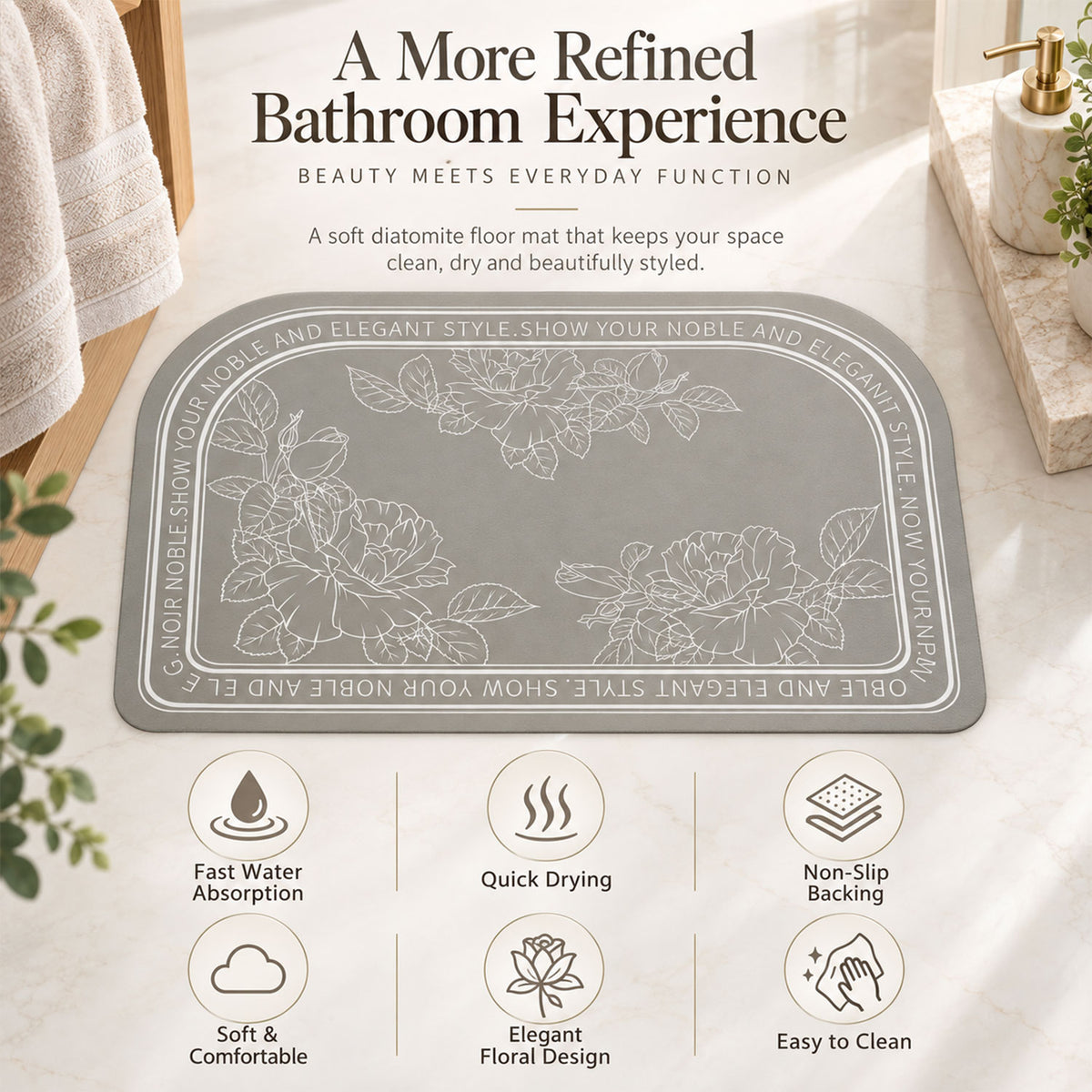 Absorbent Bathroom Mat, Half Round Floral Print Quick Dry Mat (1 Pc, 50x80 Cm)