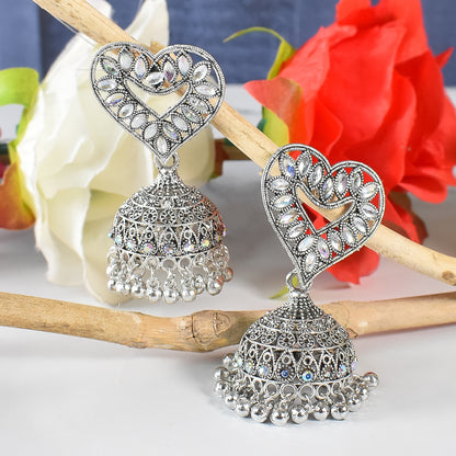 Heart-Shaped White-Coloured Jhumka Earrings with Diamond Detailing