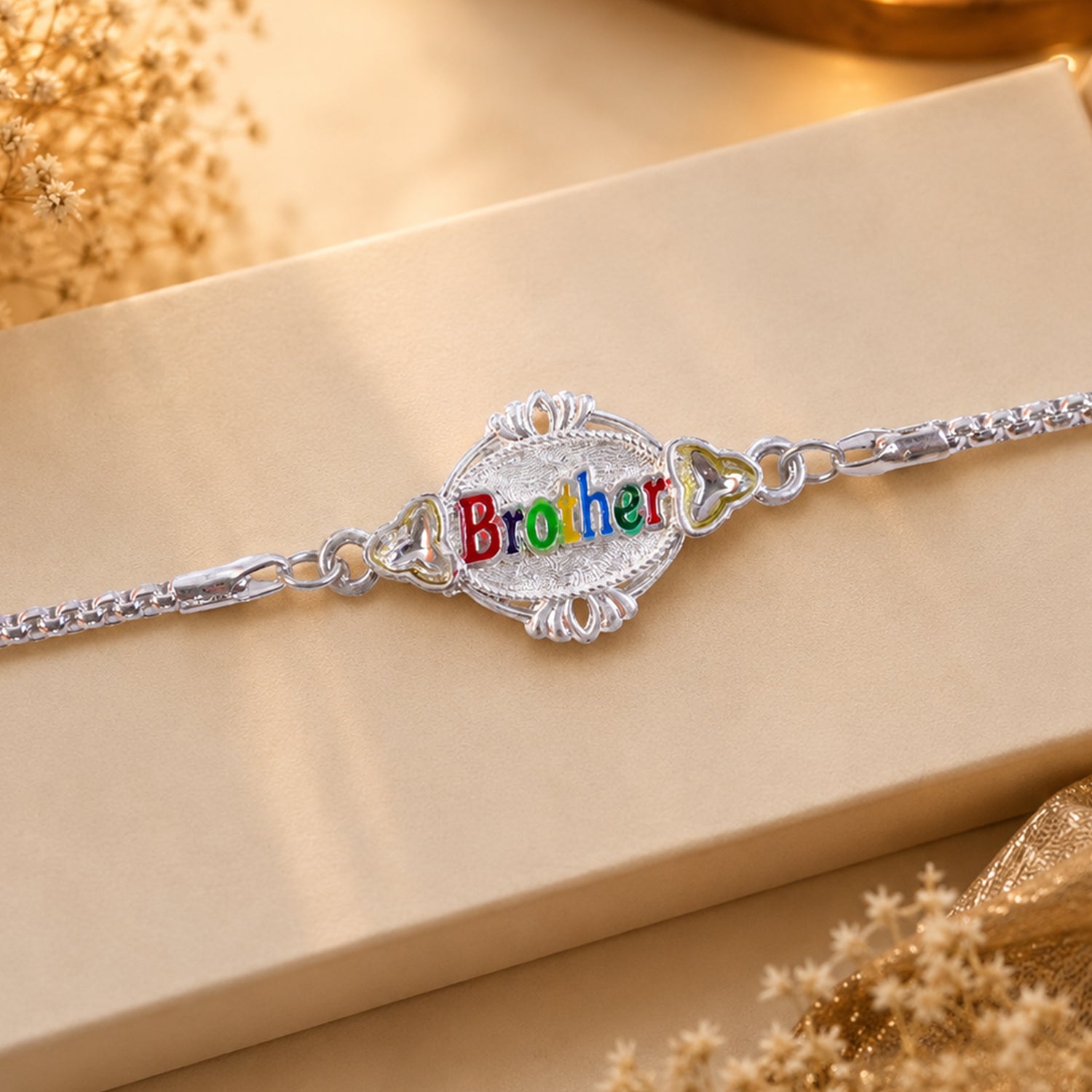 Brother Name Multicolor Enamel Silver Chain Designer Rakhi