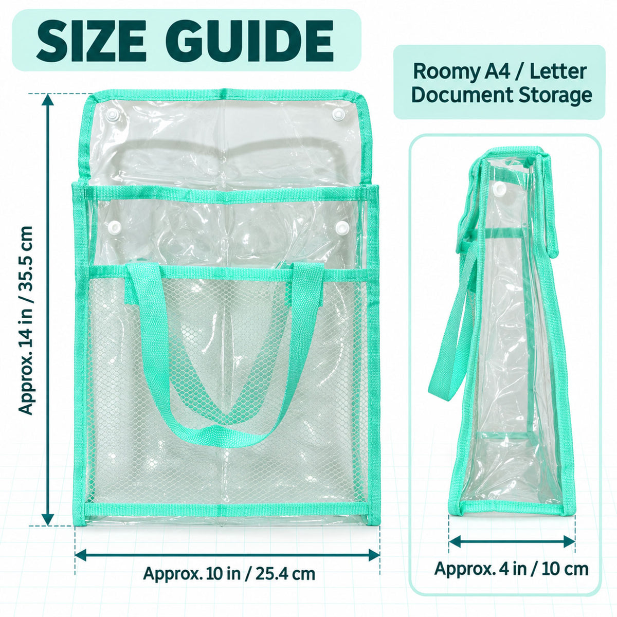 A size guide showing front and side views of a clear green document bag with dimensions in inches and centimeters.