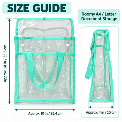 A size guide showing front and side views of a clear green document bag with dimensions in inches and centimeters.