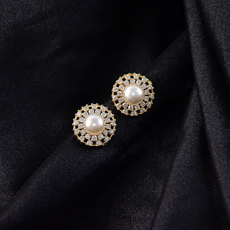 Round Pearl Stud Earrings with Crystal Border and Gold Finish for Women