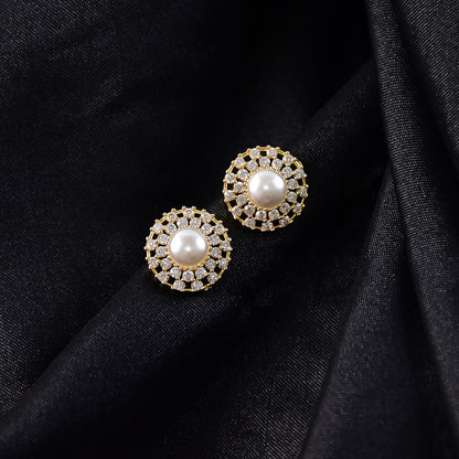 Round Pearl Stud Earrings with Crystal Border and Gold Finish for Women