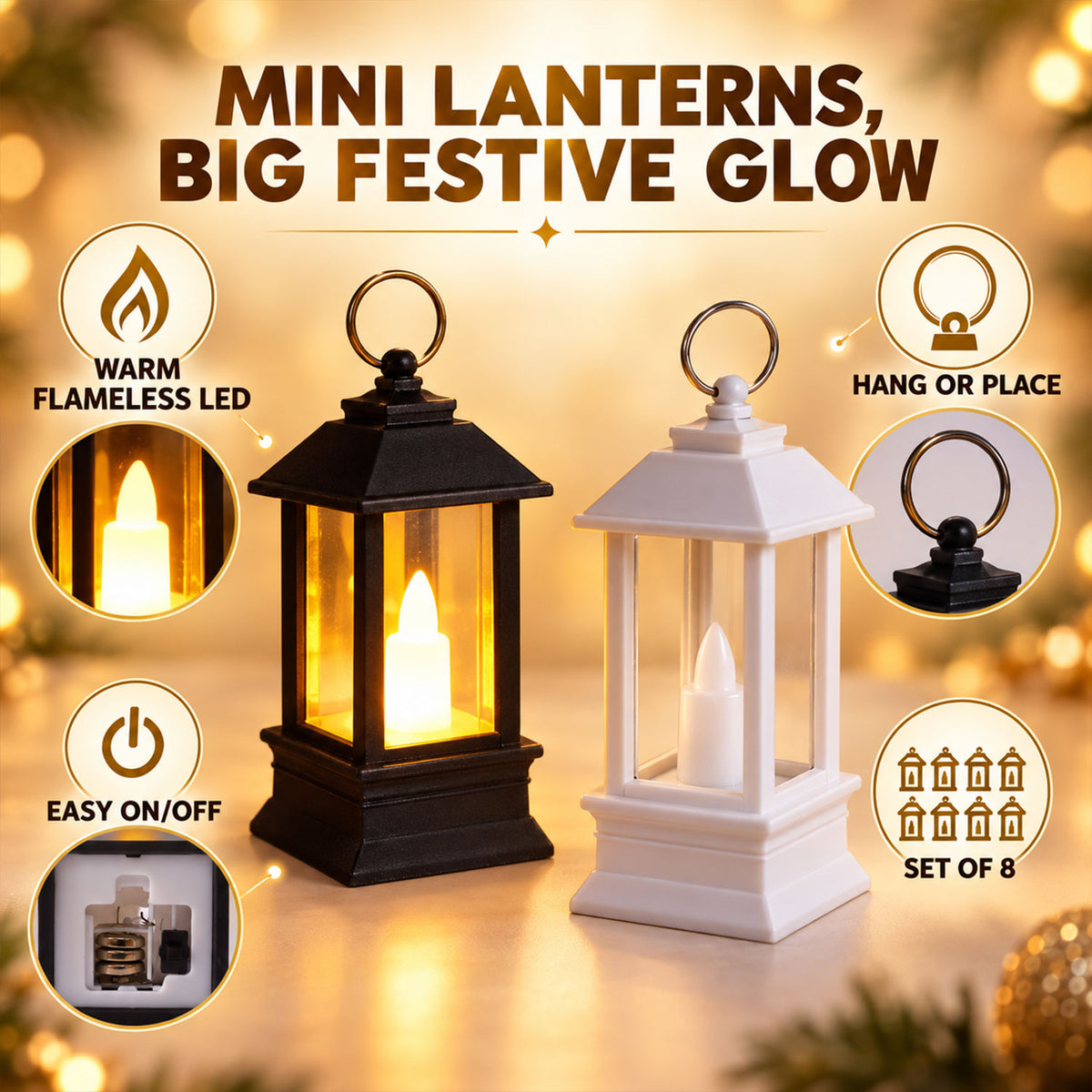 Decorative Flameless LED Mini Lantern Candles for Festive Home Decor (8 Pc Set)