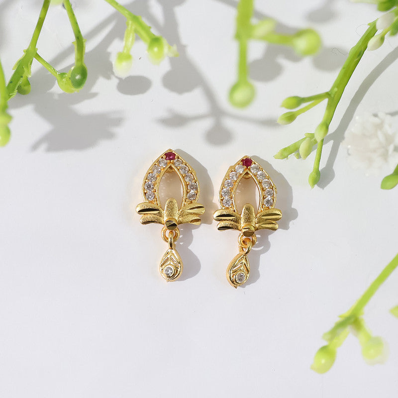 Designer Gold Earrings with Elegant Teardrop Cut & Crystal Work