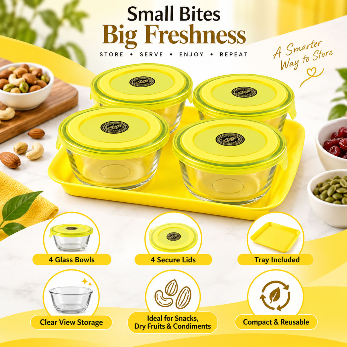Glass Bowl Set with Plastic Lids and Serving Tray for Snacks and Nuts (5 Pc Set)