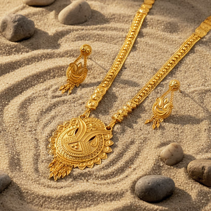 Gold-Tone Ethnic Necklace Set with Intricate Pendant and Matching Drop Earrings