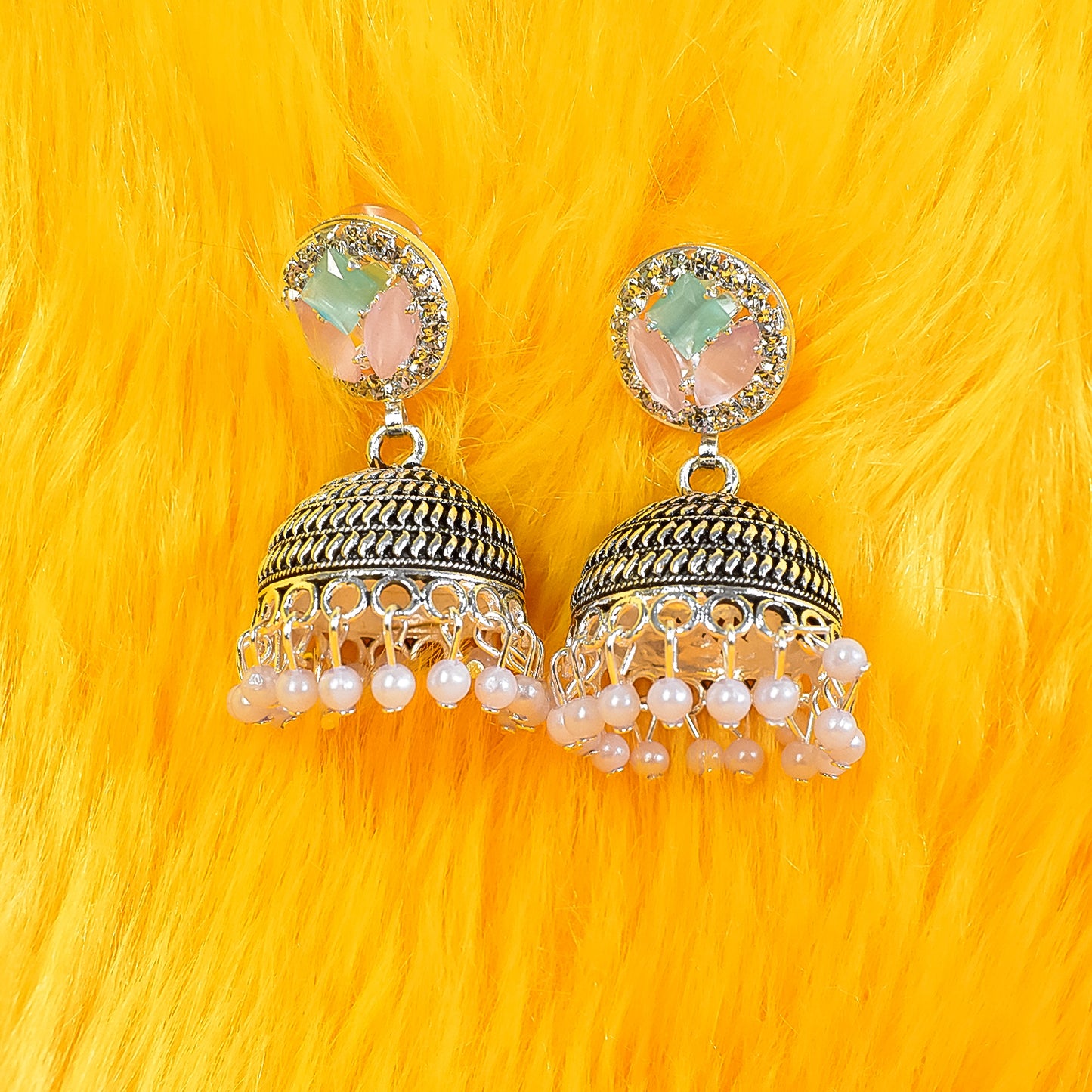 Pearl stud with blue & pink contemptory jhumka