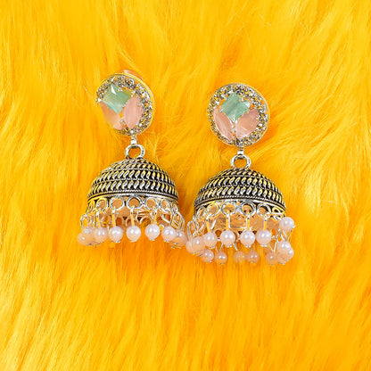 Pearl stud with blue & pink contemptory jhumka