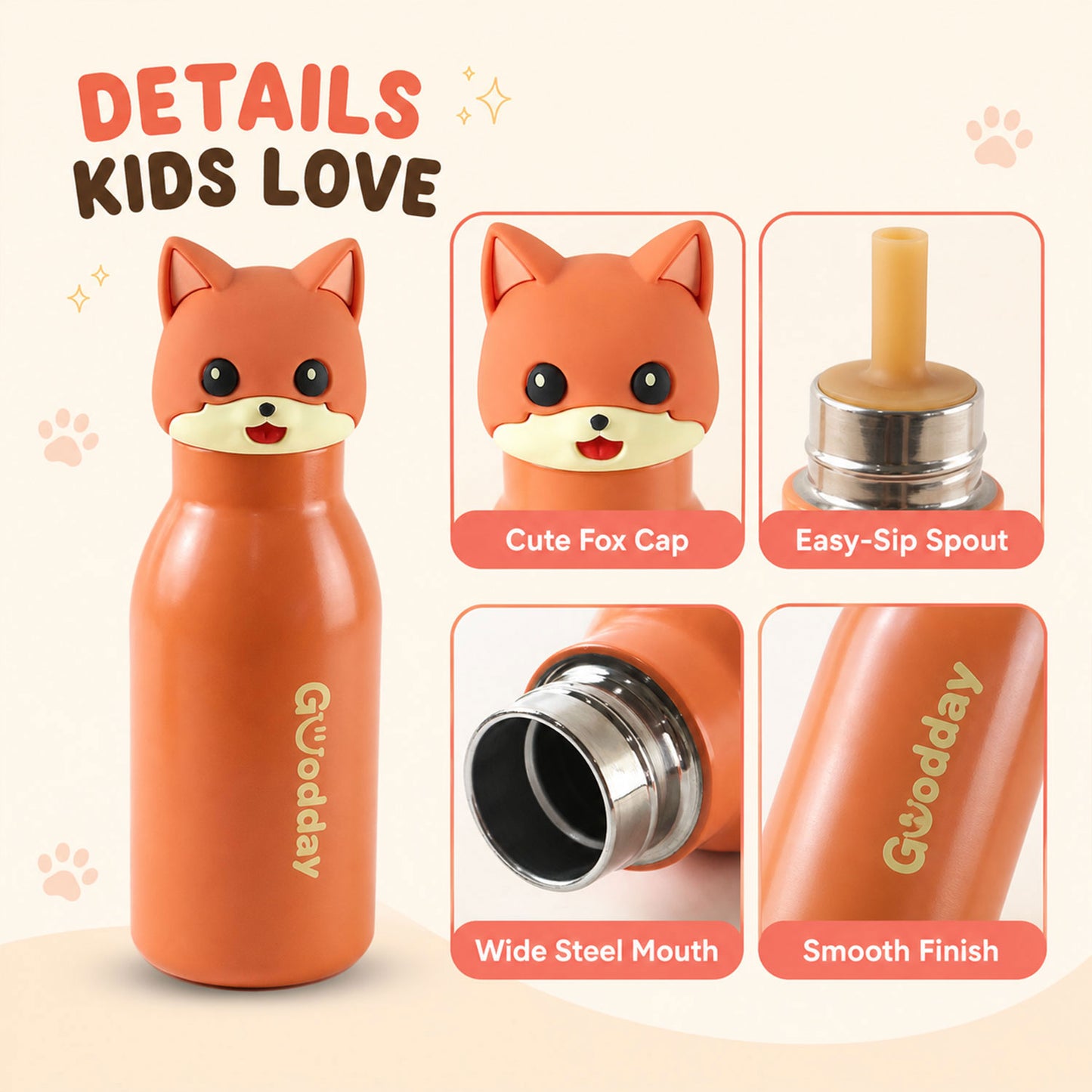 Kids Stainless Steel Vacuum Water Bottle with Straw (1 Pc 450ML, Mix Design)