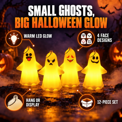 Cute Ghost LED Night Lamps for Halloween Table and Hanging Decor (12 Pc Set)