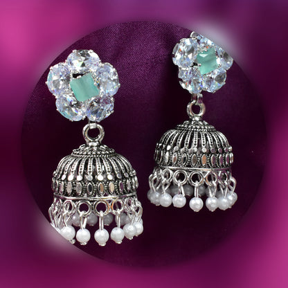 Stylish Jhumka Earrings for Women, Silver Tone with Crystals, Stones and Beads, Indian Style