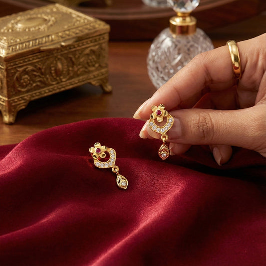 Elegant Gold Plated Stud Earrings with Ruby Accent & Drop Design