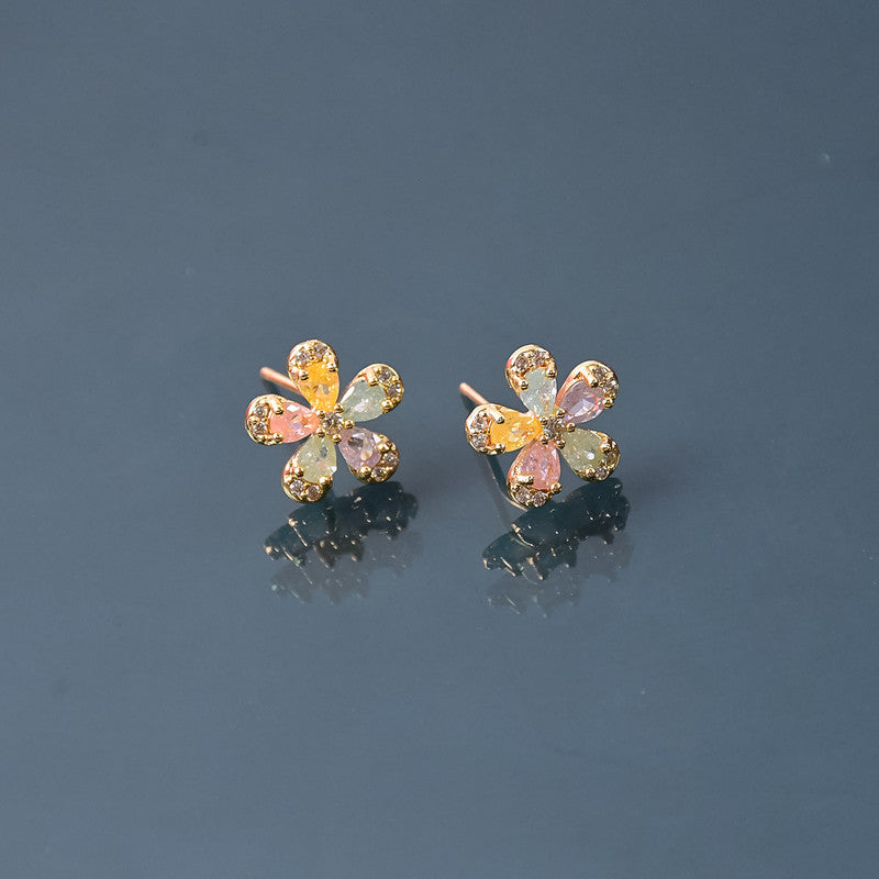 Multicolor Crystal Petal Flower Stud Earrings with Gold Finish for Women