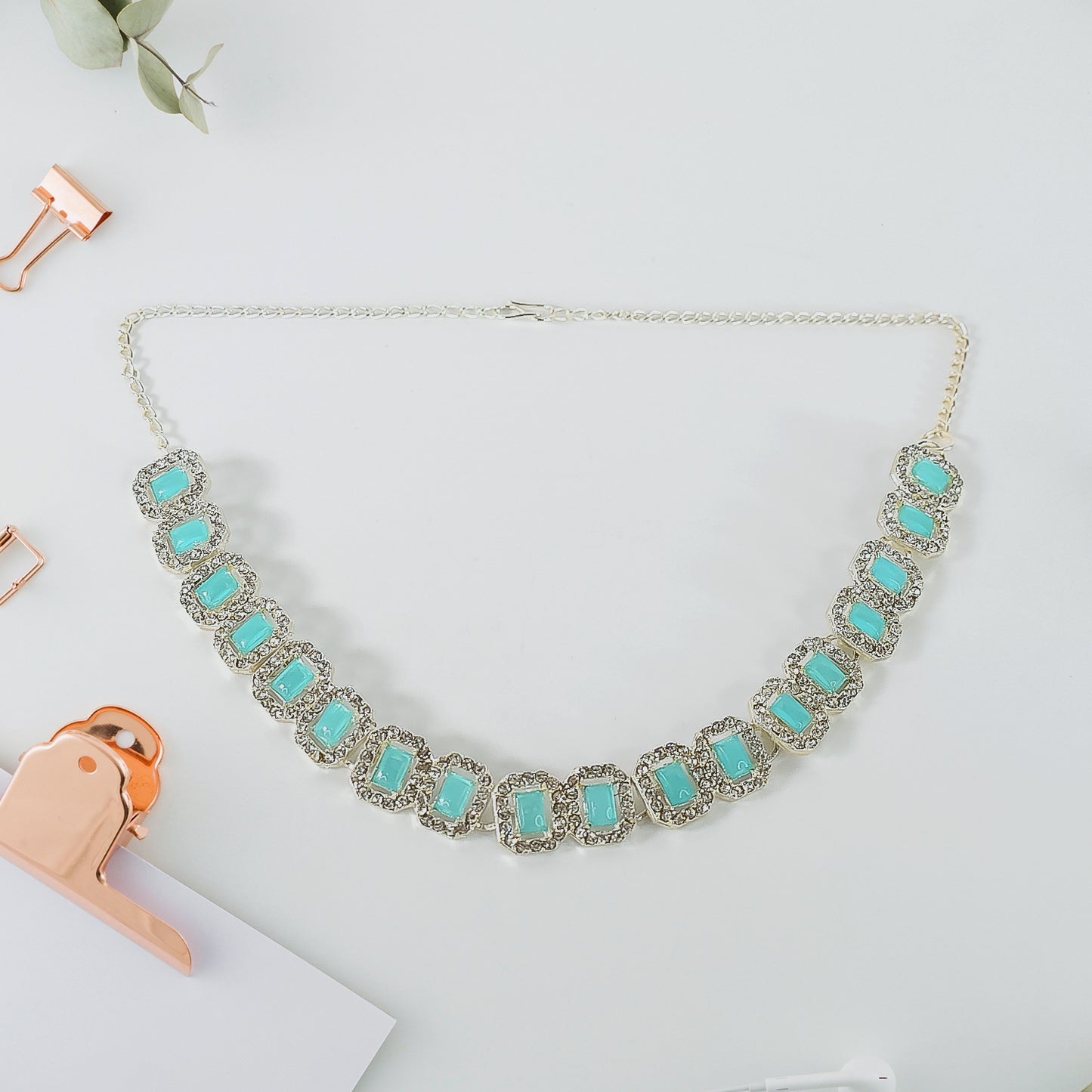 Sky Blue American Diamond Studded Jewellery Necklace Set