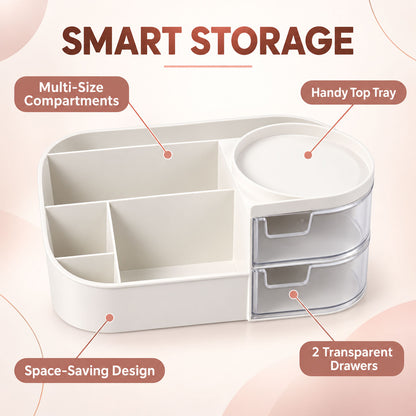 Vanity Organizer with Rotating Tray & Drawers for Easy Storage