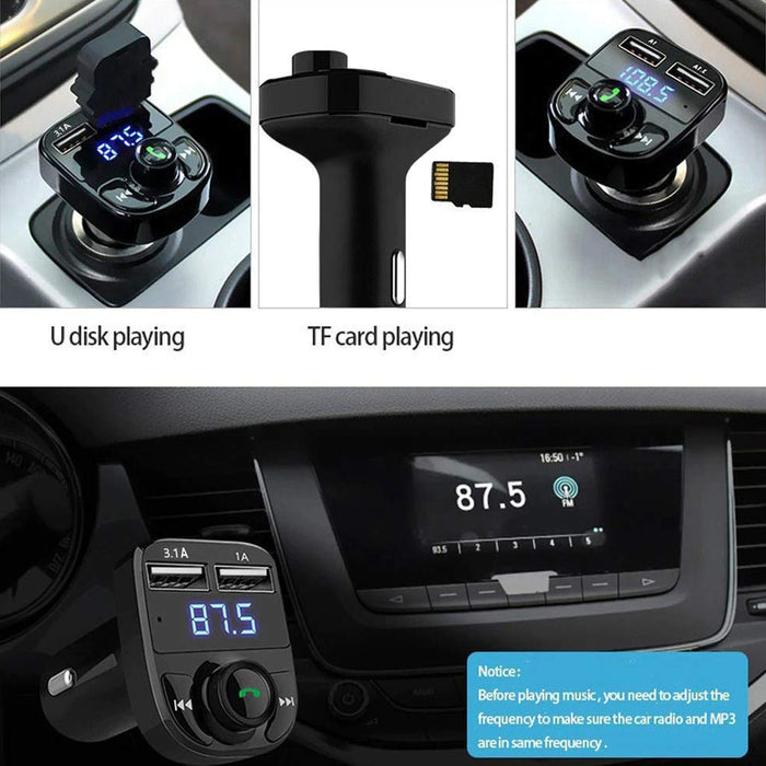 CAR-X8 Bluetooth FM Transmitter Kit for Hands-Free Call Receiver / Music Player / Call Receiver / Fast Mobile Charger Ports for All Smartphones with 3.1A Quick Charge Dual USB Car Charger