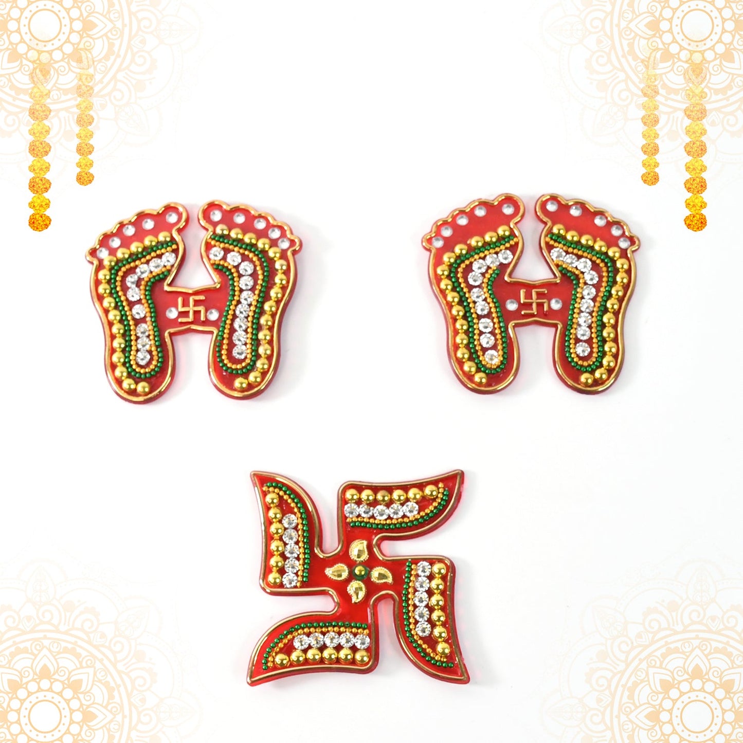 Laxmi Charan & Swastik Decorative Sticker Set – 3pc Festive Rangoli
