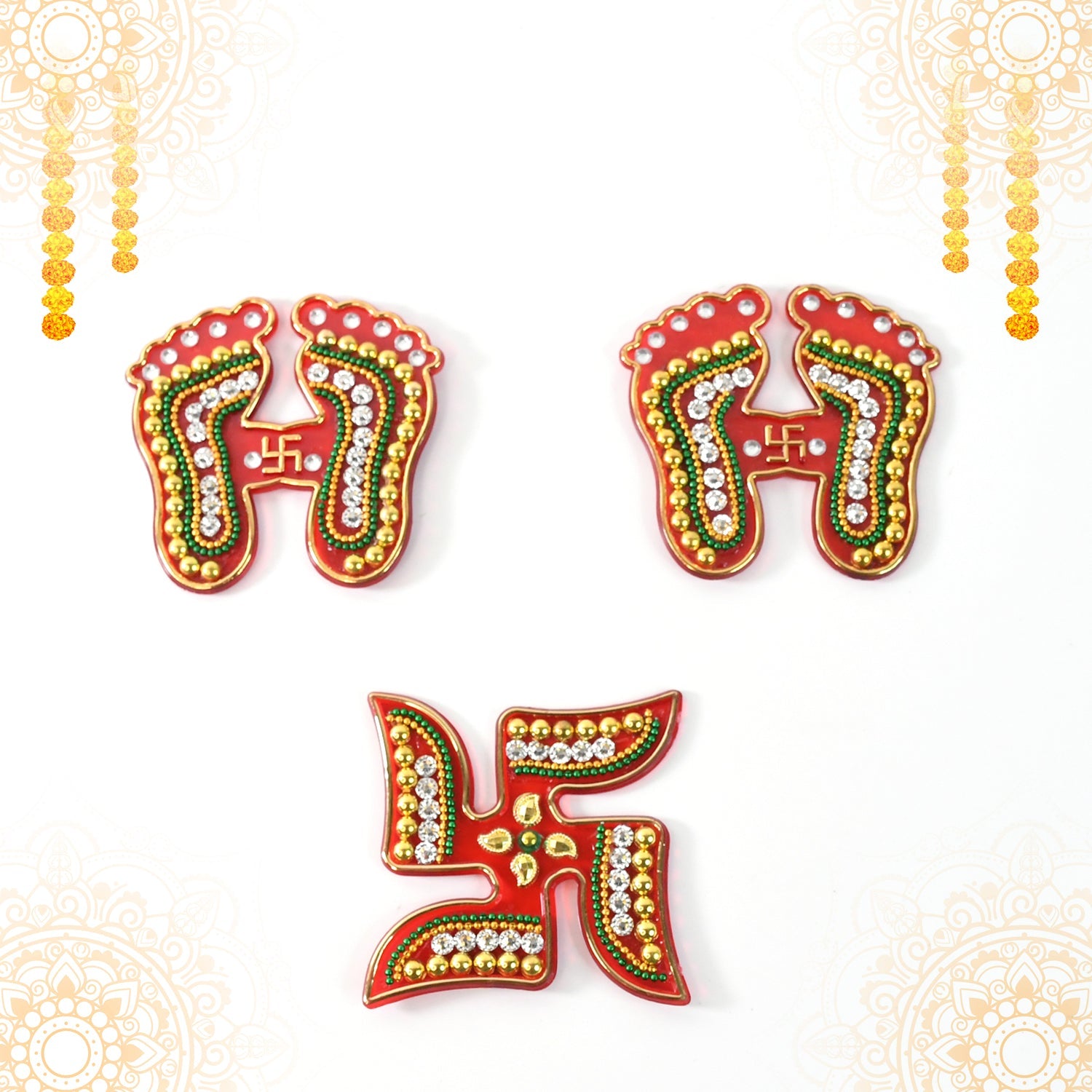 Laxmi Charan & Swastik Decorative Sticker Set – 3pc Festive Rangoli