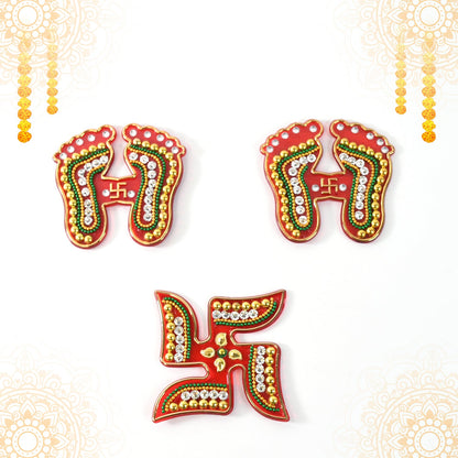 Laxmi Charan & Swastik Decorative Sticker Set – 3pc Festive Rangoli