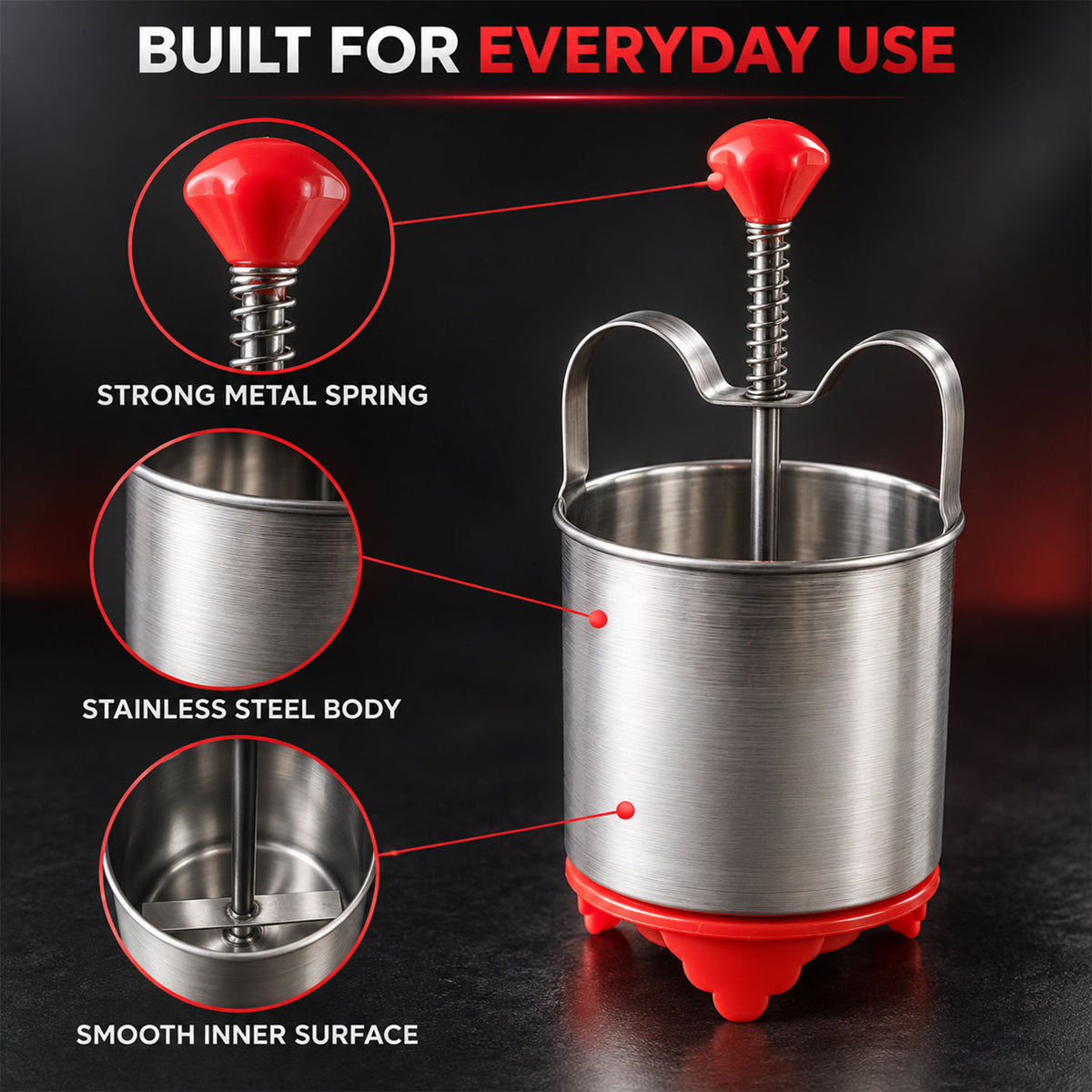 A stainless steel medu vada maker with red accents, highlighting its strong metal spring, stainless steel body, and smooth