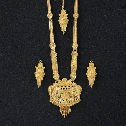 Majestic Gold-Finish Long Necklace Set with Intricate Traditional Craftwork