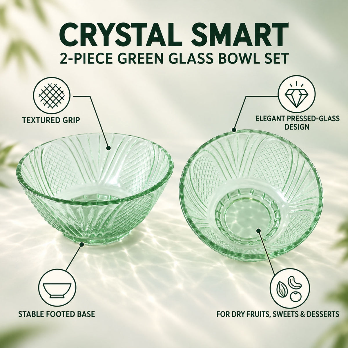 Textured Glass Bowl Set for Serving Dry Fruits, Snacks and Desserts (2 Pc Set)