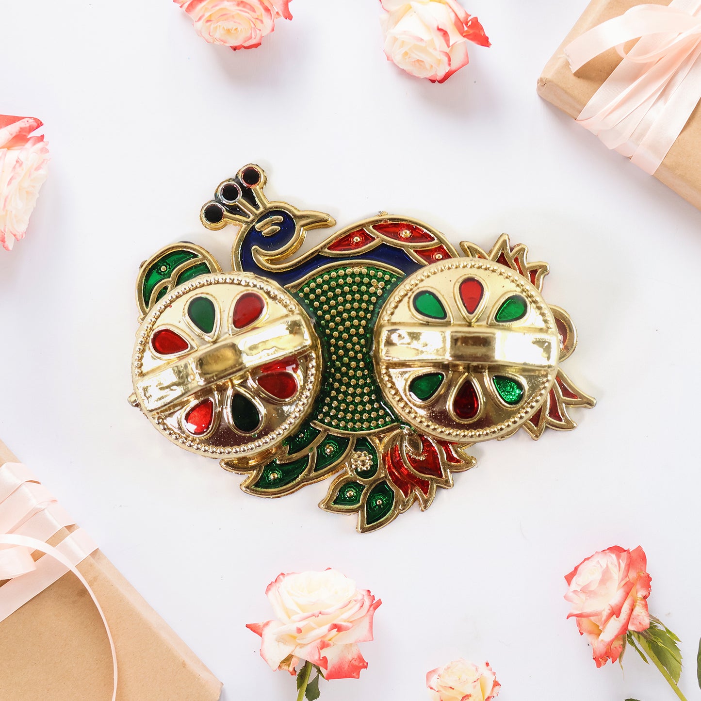 Peacock Design Metal Kumkum / Roli–Chawal Box - (1 Pc)