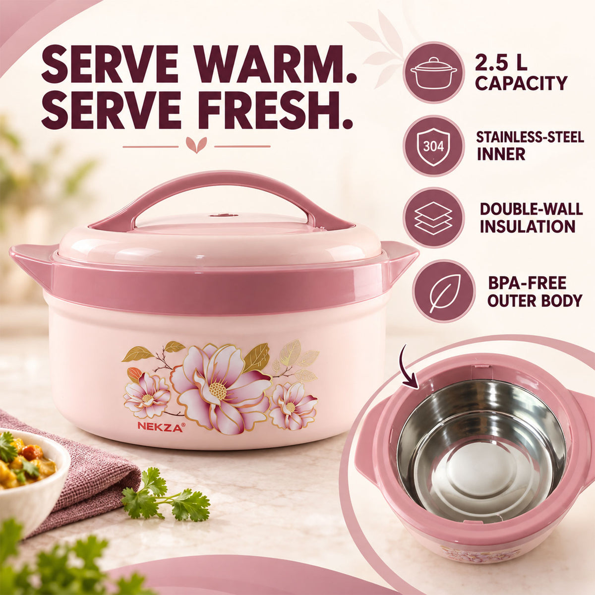 Features of casserole box for food.