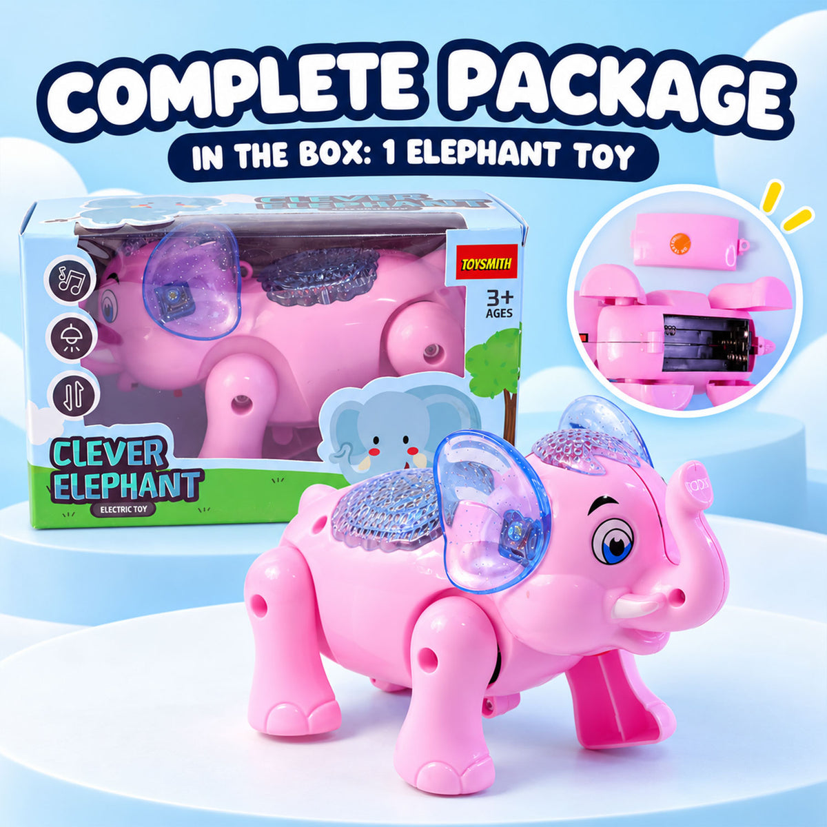 Musical Elephant Toy with Colourful Lights for Fun Indoor Playtime (1 Pc)
