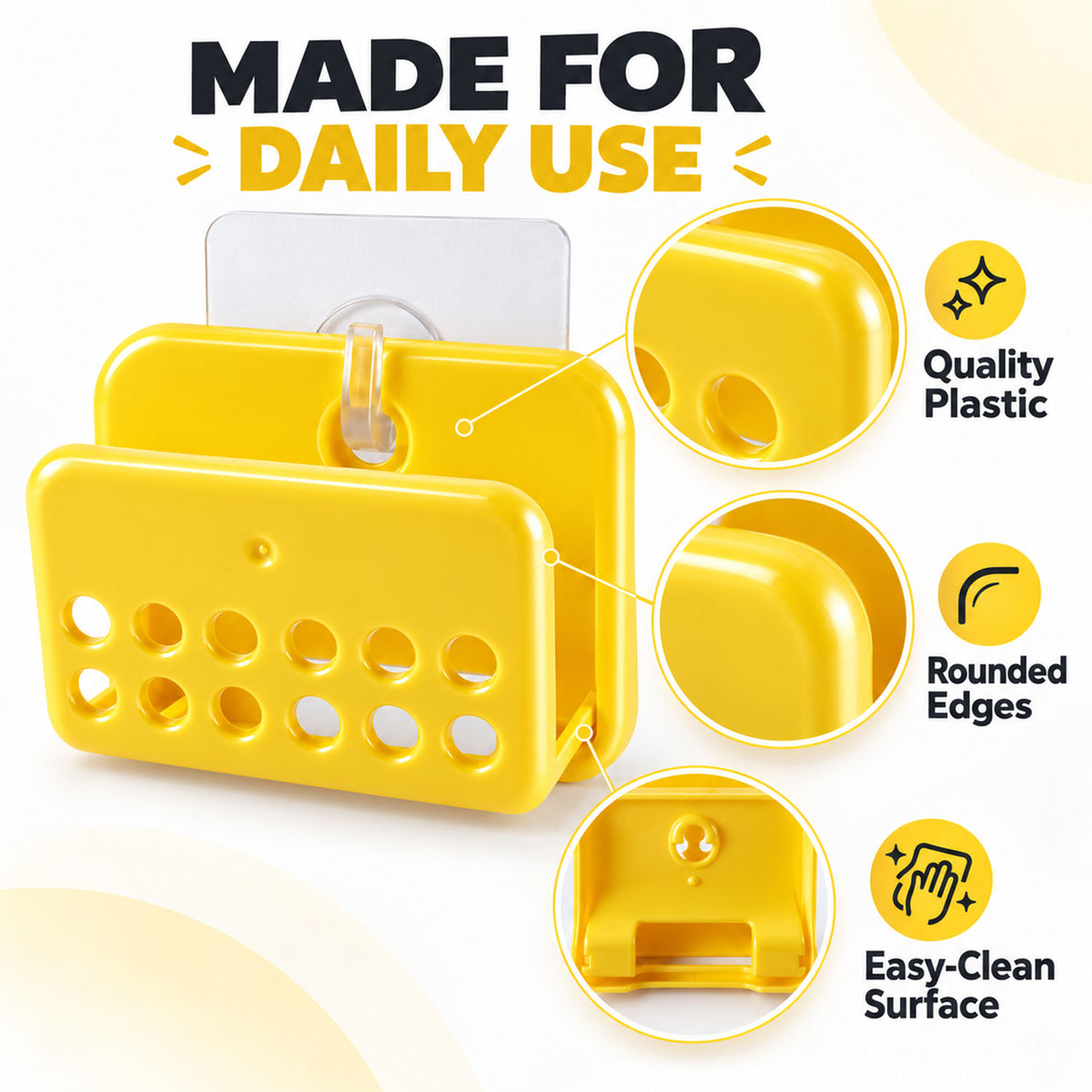 A yellow plastic sponge holder with three circular insets highlighting quality plastic, rounded edges, and an easy-clean