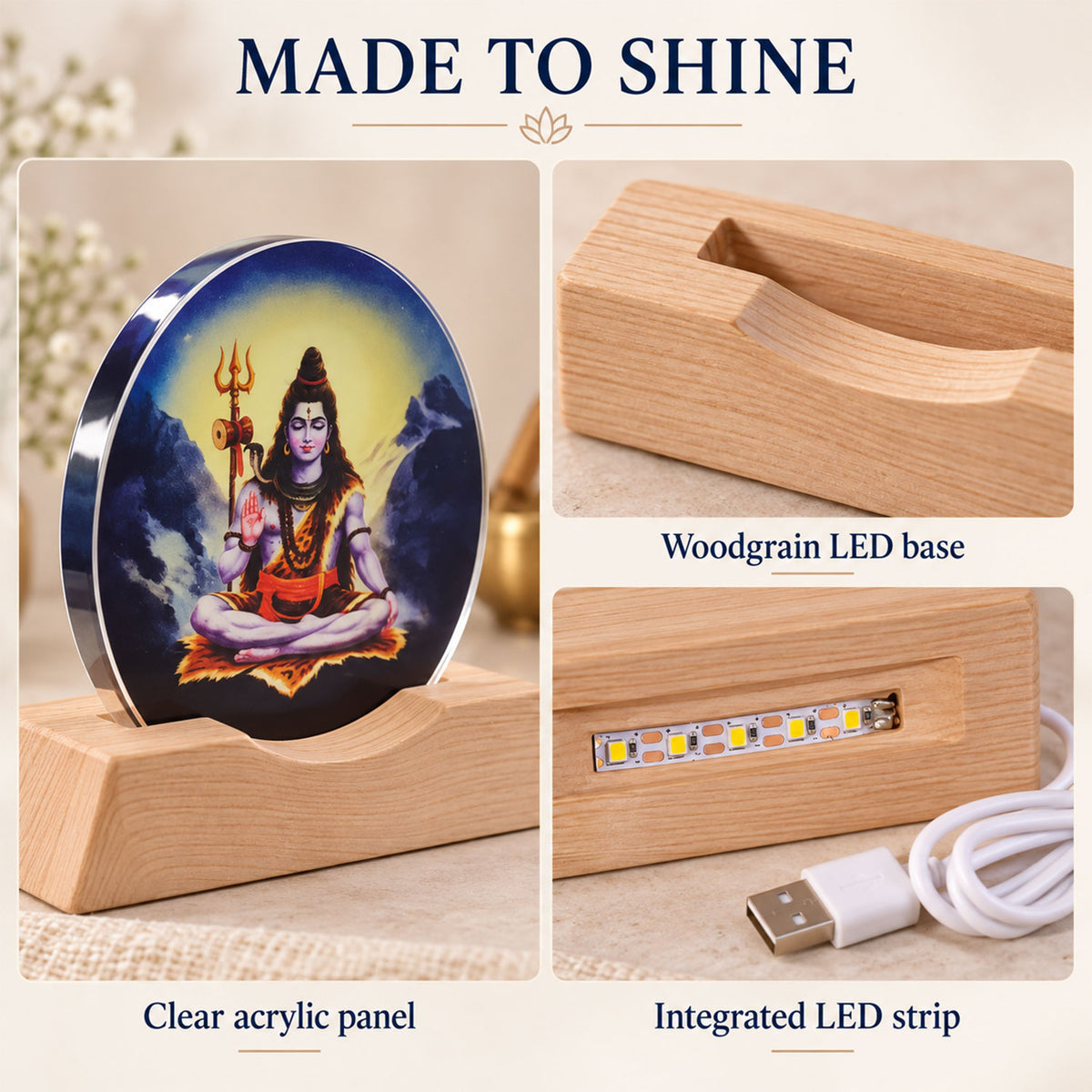 3D Mahadev LED Lamp with Wooden Base for Home Decor Shelf (1 Pc)