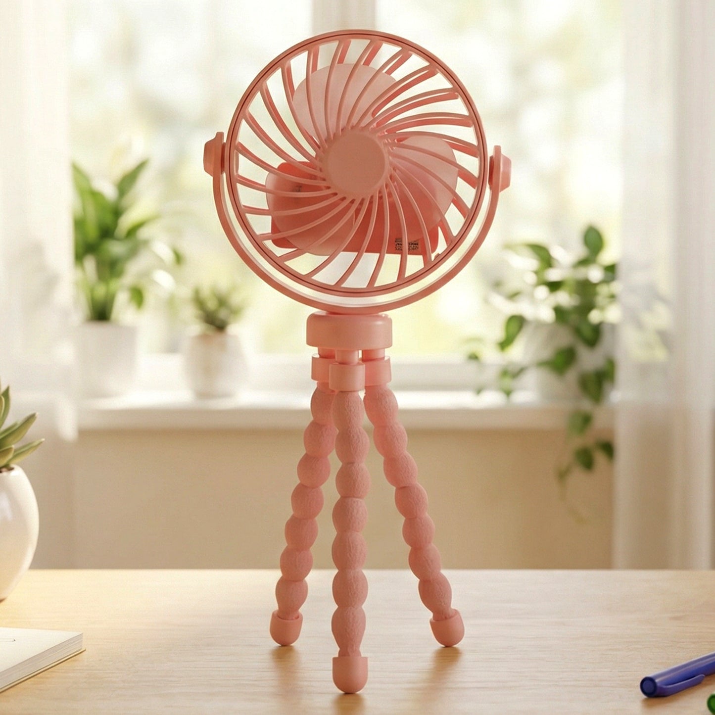 Portable LED fan with flexible tripod on a table