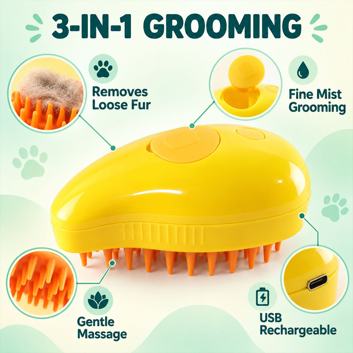 3 in 1 Steam Pet Brush for Cats and Dogs, Rechargeable Grooming Comb (1 Pc)