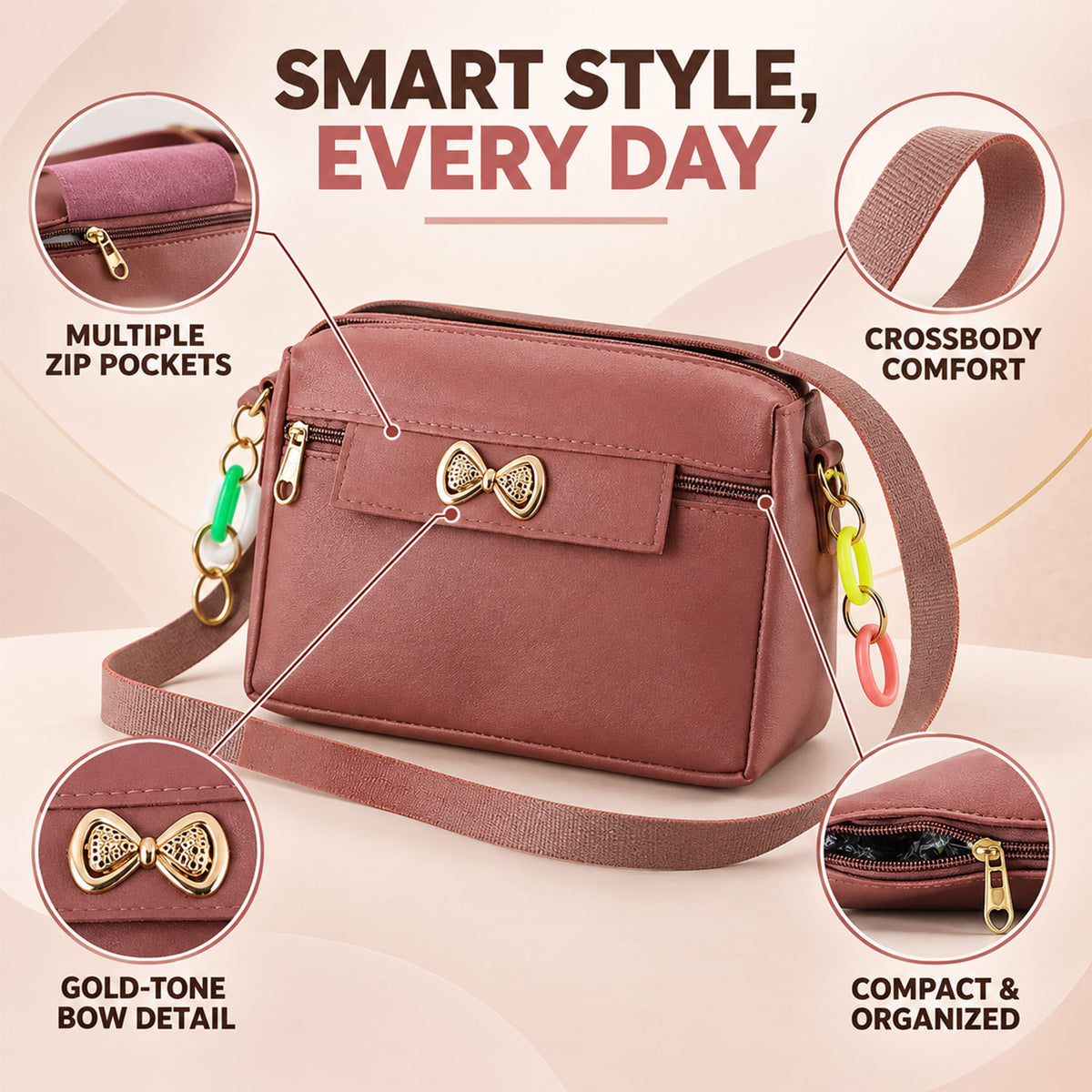 PU Leather Sling Bag for Women with Adjustable Strap and Bow (1 Pc)