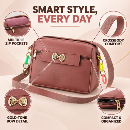 PU Leather Sling Bag for Women with Adjustable Strap and Bow (1 Pc)