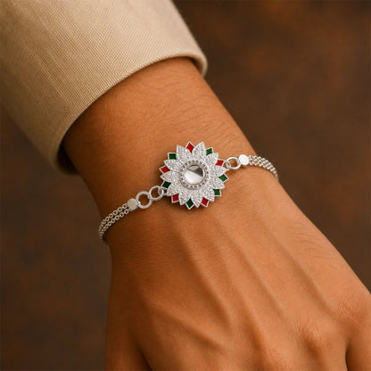 Silver Lotus Mandala Floral Enamel Crystal Stone Chain Rakhi