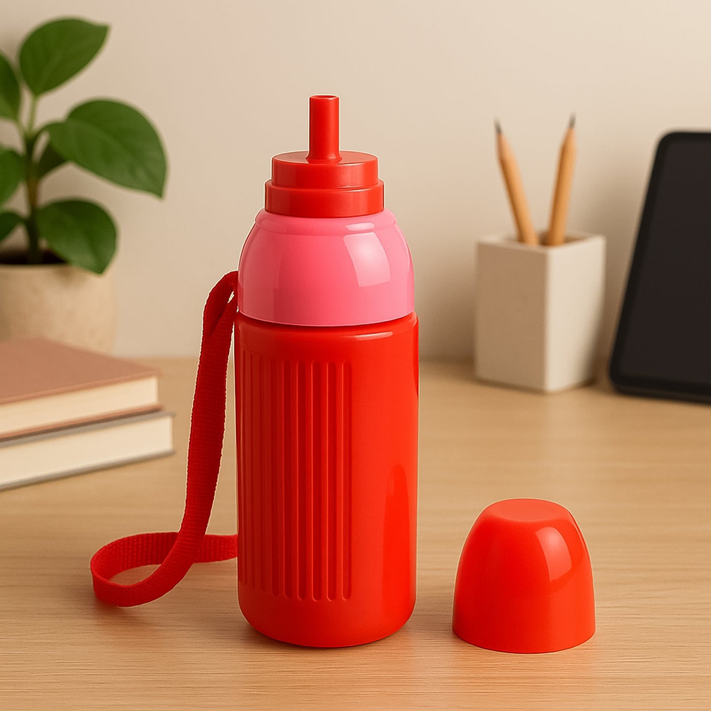 Top view of insulated sports water bottle straw and lid