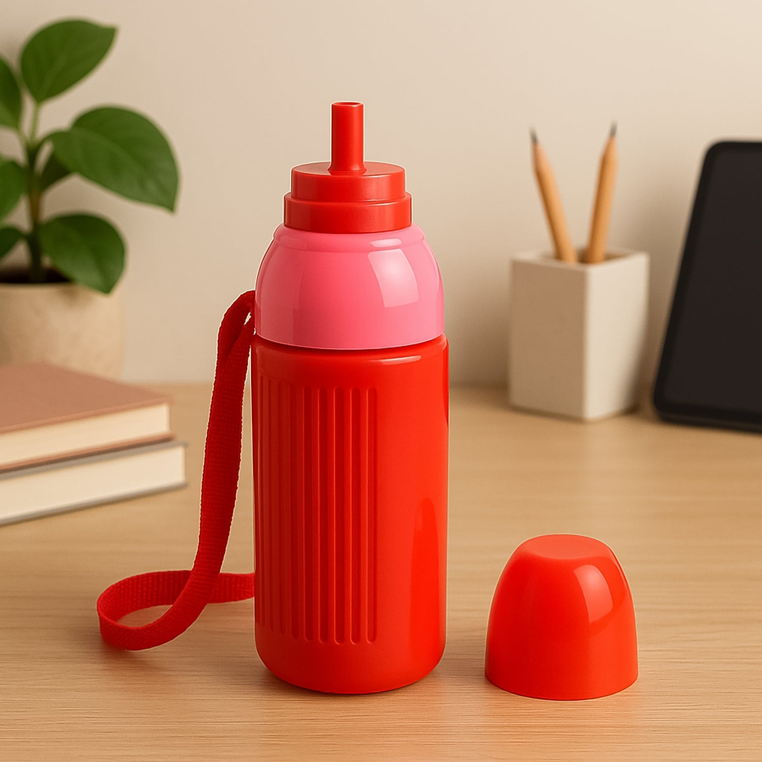 Top view of insulated sports water bottle straw and lid