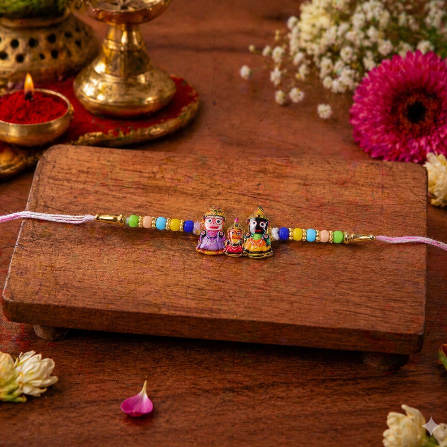 Soft thread Rakhi with Jagannath Balabhadra Subhadra centerpiece